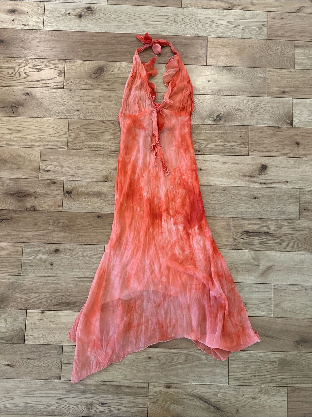 Bershka Vintage Y2K Coral Tie-Dye Halter Handkerchief Midi Dress